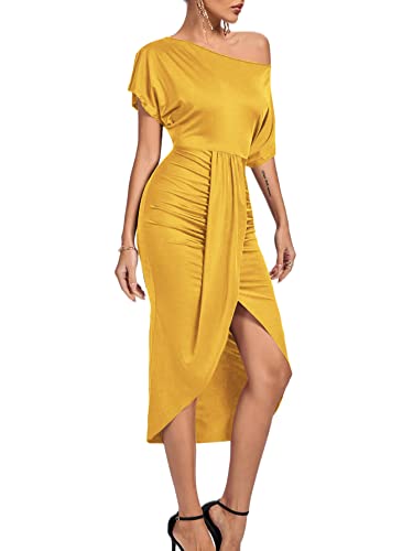 Image of LYANER Women's One Off The Shoulder Ruched Wrap Front Split Hem Draped Party Midi Dress