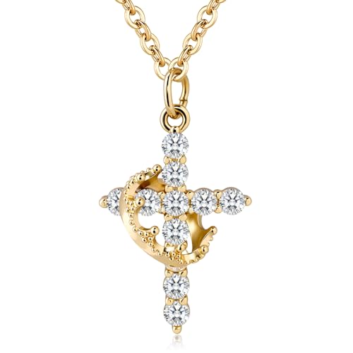 Aliyoham 14K Gold Plated Crown Cross Necklace for Women, Cubic Zirconia Pendant Chain, Elegant Everyday & Holiday Jewelry