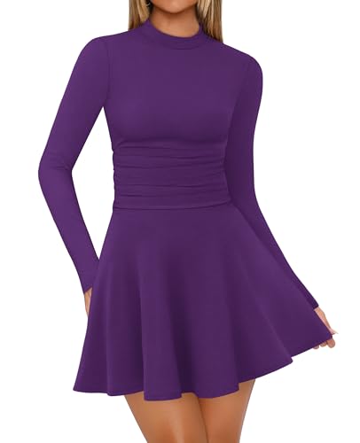 OFEEFAN Long Sleeve Purple Dress for Women Fall Winter Mini Dresses Homecoming Mock Neck Bodycon Party Outfits XS