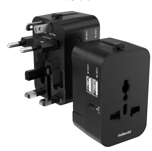 Goldmedal Bolt + Universal Travel Adaptor | 2 Type A & 1 Type C USB Ports for Quick Charging | Supports Variety of Plug Types| Perfect for International Travel - Black