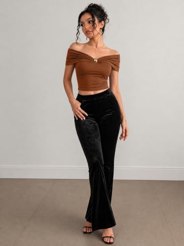 Image of TIVANTE Off-Shoulder Top for Women Stylish, Ruched V Neck Tops for Woman with Gold-Tone Metal Buckle Detail || Fitted Tops for Woman