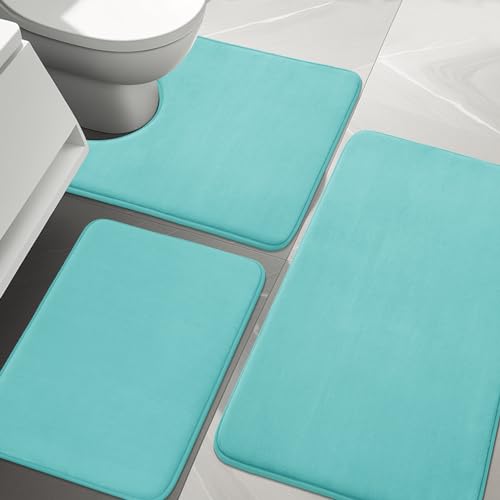 Image of YIHOUSE Bathroom Rug Sets 3 Piece, Memory Foam Bath Mat, Non Slip Super Absorbent Soft Bathroom Mats, Machine Washable Bathroom Floor Mats Sets for Sink,Tub, Shower and Toilet,Teal