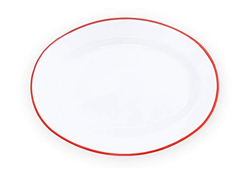 Enamelware Oval Plate, 11.75 inch, Vintage White/Red (Single)