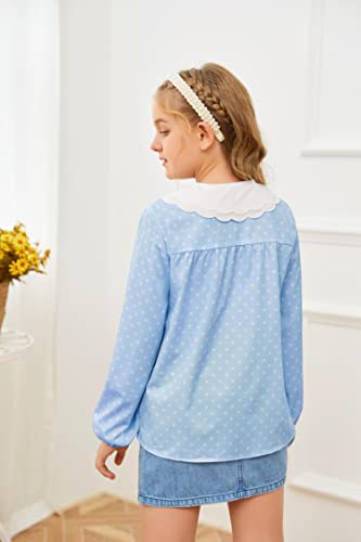 Girls Heart Print Shirts Long Sleeve Button Down Floral Blouse Peter Pan Collar Elastic Cuffs Casual Tops 5-14 Year Sky Blue #TOP3