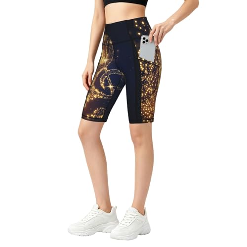 Short de yoga notes de musique dorées et étoiles brillantes taille haute