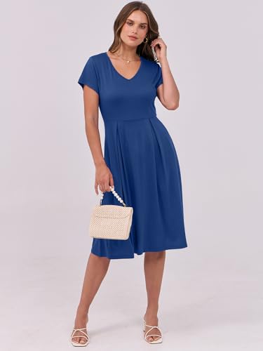 Image of ANRABESS Women Summer Dress Casual Short Sleeve V Neck A-Line Knee Length Pleated Flowy 2026 Fashion Midi Dresses with Pocket