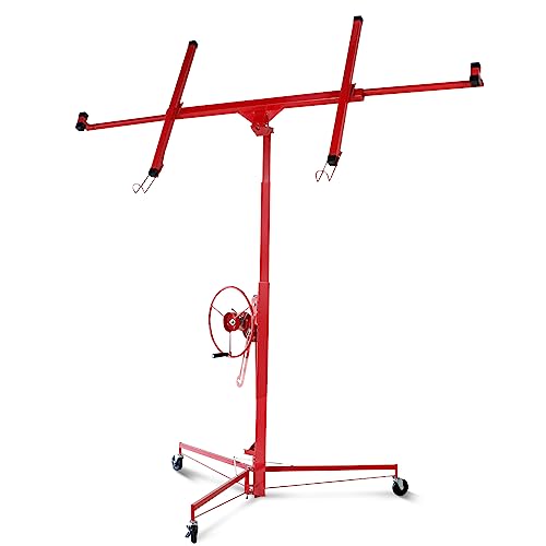 Drywall Lift Panel Hoist, 11 Ft (Max Height) Sheetrock Jack Lifter for Ceiling, Rolling Caster Wheels, Lockable Construction Tools (Red)