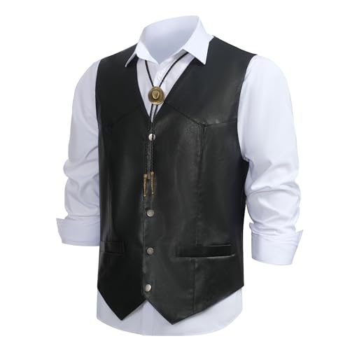 Men's Western Cowboy Vest,Vintage Cowboy Suit Vest with Bolo Tie,Slim Wedding Vests,Leather Light Casual Vests