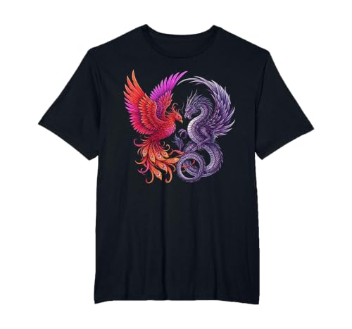 Mystical Phoenix and Dragon Swirl Yin Yang Design Men Women T-Shirt, Men's Big and Tall, Black, 3X Tall