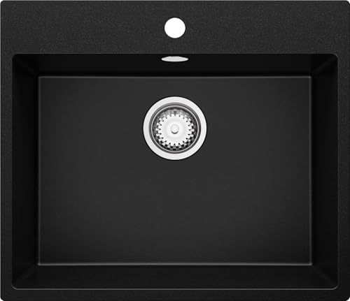 PRIMAGRAN Evier Cuisine en Granit Noir 58x50cm, Lavabo 1 bac + Kit de Vidage, Évier à Encastrer al mueble 60cm - Riga S305