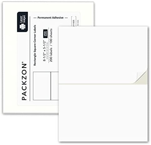 PACKZON Shipping Labels with Self Adhesive, Square Corner, for Laser & Inkjet Printers, 8.5 x 5.5 Inches, White, Pack of 200 Label