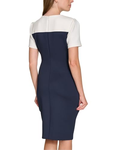 Image of Tommy Hilfiger Women's Short Sleeve Jewel Neck Colorblock Studded Asymmetrical Hem Crepe Mini Dress