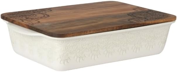 9" x 13" Vintage Lace Ceramic Casserole Baking Dish with Wood Lid, Linen Color Stoneware Baker, Oven to Table Lasagna Pan