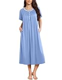Ekouaer Long Nightgowns for Women Short Sleeve Button Front House Dress with Pockets,Light Blue,X-Large