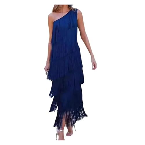 LOVSSU Vestido Flecos Vestido Elegante con diseño de borlas y Flecos for Noche for Mujer, Largo de un Hombro, for cóctel, Fiesta de graduación y Baile. para Mujer(Blue,M)
