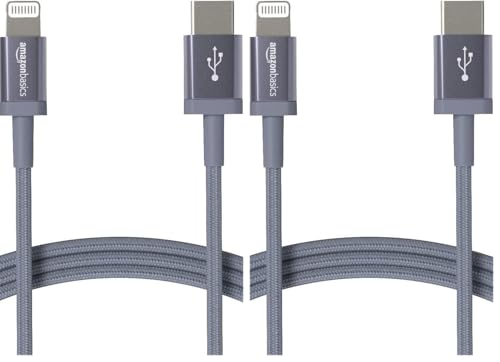 Cable USB-C a Lightning Amazon Basics nylon trenzado gris oscuro de 1.8 m paquete de 2 unidades
