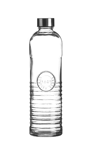 WESTCRAFT Gourde en verre orientale élégante de 1 l avec bouchon à vis, hermétique, pour eau, jus dans le réfrigérateur, bouteille en verre vintage (rayures rétro vintage)