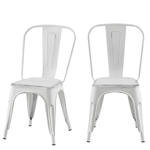 Image of Metal Dining Chairs with Back, Stackable, Distressed White, 2 Pack | Easy Assembly, Non-Slip Feet, 330 lb Capacity, Kitchen, Restaurant, Cafe, Pub, Covered Patio