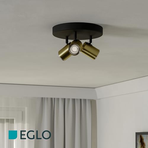 EGLO Deckenlampe Consuma 1, runder Deckenstrahler 3-flammig, Spot Deckenleuchte Badezimmer, Badlampe Decke aus Metall in Schwarz und Messing, GU10 Fassung, IP44