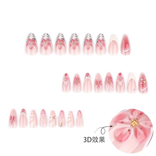 Image of Flower Press on Nails Pink Fake Nails French Tip Nail Press ons with Pearl Design Glossy Full Cover Medium Almond Floral Glue on Nail for Women Girls Manicure 24Pcs