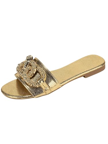 Verdusa Women's Slip On Flat Sandals Metallic Flat Summer Sandals