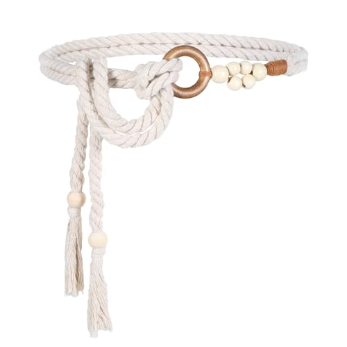 Women's Tassel Braided Waist Boho Thin Belts with Woven Wooden Beads Boho Belt Women's Skinny Tassel Waist Beaded Belts Rope Chain Tie Trendy for Women Girls Dress Skirt