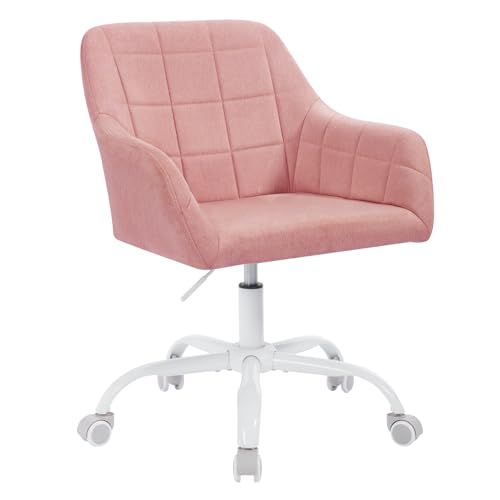 WOLTU Silla Escritorio, Silla Tocador, Silla Giratoria con Ruedas, Silla Ergonómica de Estudio, Altura Ajustable, Silla Escritorio para Oficina y Dormitorio, Lino, Rosa+Blanco, BS164rs