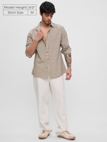 Image of The Souled Store Cotton Linen Stripes: Prism Men and Boys Long Sleeve Collared Neck Button Front Regular Fit Cotton Linen Shirt