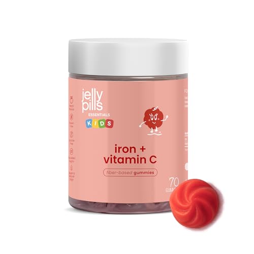 Jelly Pills Gummies de Hierro 14 mg + Vitamina C 15 mg para Niños – 60 Gummies – Sin Azúcar – Sabor Melocotón – Desarrollo Cognitivo, Energía y Formación de Glóbulos Rojos – Tratamiento de 2 Meses