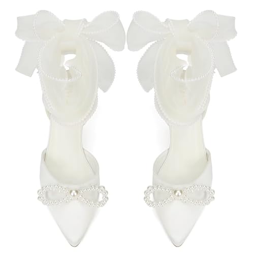 Pearl Heels Wedding Shoes for Bride Closed Toe Bridal Shoes Wedding Heels with Bow2