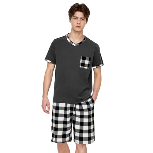 LANBAOSI Mens Short Pajamas Set Summer Top & Plaid Shorts Sleep PJ Set Soft Sleepwear with Pockets