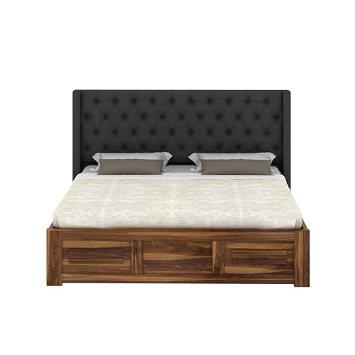 Image of Ganpati Arts Solid Sheesham Wood Swiss Queen Size Bed with Box Storage and Fabrio Style Tar Upholstered Headboard | Wooden Double Bed Cot Palang Furniture for Bedroom, Guest Room, Hotels, Home (Teak)