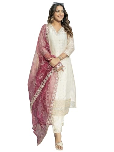 VredeVogel Women\’s Chanderi Silk Embroidered Kurta with Pant & Organza Dupatta Set | Casual Outfit Ethnic Kurta Set for Women | Modern & Traditional Blend Ethnic Wear (White_Small) VredeVogel Women\’s Chanderi Silk Embroidered Kurta with Pant & Organza Dupatta Set | Casual Outfit Ethnic Kurta Set for Women | Modern & Traditional Blend Ethnic Wear (White_Small)