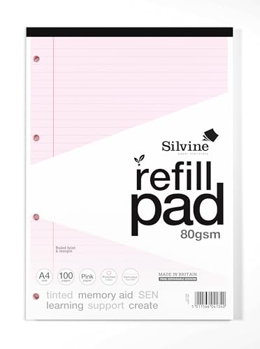 Silvine A4 Pink Paper Dyslexia Refill Pad - Lined with Margin (100 Pages)