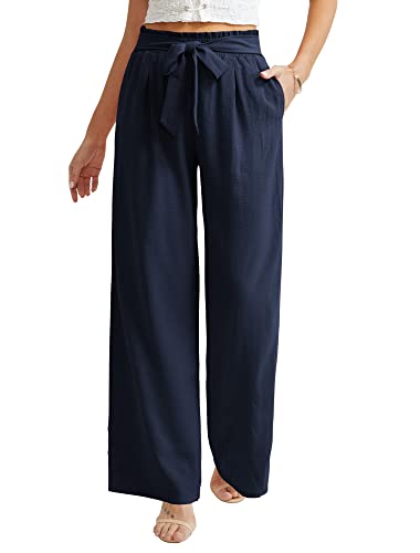 Ninee Damen Freizeithosen mit weitem Bein Hohe Taille Business Arbeit Locker Fließend Strand Palazzo Hosen(Navy Blue,X-Large)