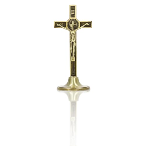 Hapivida Crucifijo de mesa, Cruz tallada a mano, estatua de Jesús católico de aleación de Zinc con soporte extraíble para decoración del hogar, regalo de Cristo de Altar(Cobre)