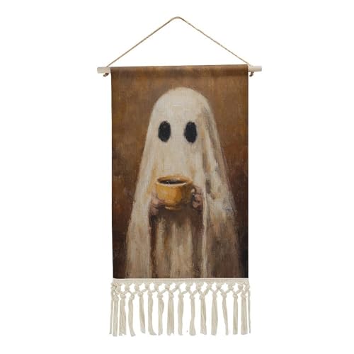 Jubonexis Arazzo da parete in lino, poster vintage da parete con grazioso fantasma, tazza di caffè, poster vintage da parete con nappa e asta in legno per appendere