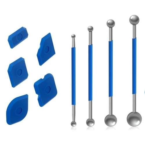 KOMUNJ 9 Piece Tool Scraper Kit Joint Smoother Set, 4 Pieces Silicone Joint Smoother 5 Pieces Steel Ball, Double End Silicone Joint Puller, Sealing Tool Set for Bathroom, Kitchen Tiles