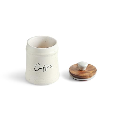 Image of ExclusiveLane 'Daily Rituals' Airtight Ceramic Jars For Kitchen Storage With Wooden Lid Ceramic Containers For Pickle Cookies Sugar Dry Fruits (Set of 3, Airtight, 300 ML, Hand-Embossed, 13.5 Cm)