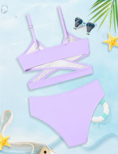 Image of Girls Swimsuit Bikini Set,Criss Cross Bathing Suits for Girl Two Piece Solid Color Girls' Swimwear for 7-16 Years