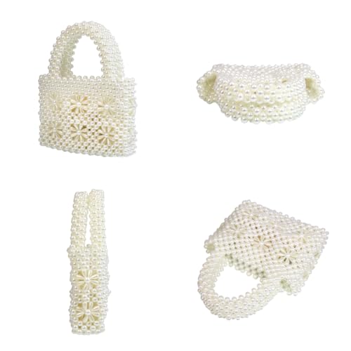 Image of Women Beaded Handbags Elegant Handmade Weave Purse Crystal Pearl String Tote Bags for Banquet Wedding Cocktail