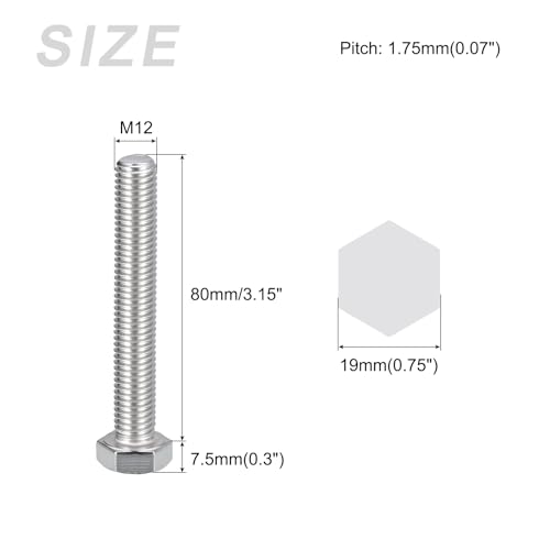 Image of METALLIXITY Hex Bolts (M12-1.75x80mm) 4Pcs, 304 Stainless Steel Coarse Fully Threaded Hex Head Screw Bolt Machine Screws - for Furniture Repair, Silver