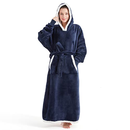 Touchat Wearable Blanket Hoodie Blanket, Flannel Sherpa Fleece Comfy Blanket Hoodie, Oversized Hoodie For Adults Women Men, Sweatshirt Blanket With Hood, Pocket & Sleeves, One Size Fits All（Naveblue） #TOP1