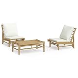 WDSAYREH Rustic Bamboo Patio Lounge Set 3 Piece Outdoor Sofa with Cream White Cushions and Table, Modular Garden Seating for Coffee or Tea