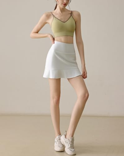 SHAREYOIU Saia esportiva feminina evasê plissada para ciclismo, ioga, tênis, Branco, G