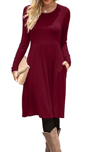 Image of DB MOON Women Casual Long Sleeve Dresses Empire Waist Knee Length Loose Dress with Pockets