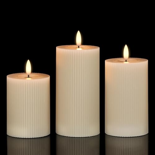 Image of GenSwin Mirror Surface Flameless Candles with Timer, Real Wax LED Pillar Candles Battery Operated with 3D Flame, 3Pcs Stripe Flickering Battery Candles for Christmas Home Decor(Gray, D3 inch x H5 inch6 inch7 inch)