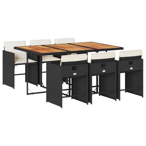 Image of 7 Piece Modern Garden Dining Set with Rectangular Table and 6 High-Back Chairs, Black Brown Outdoor Patio Furniture Set, Durable Acacia Wood and Poly Rattan Construction,