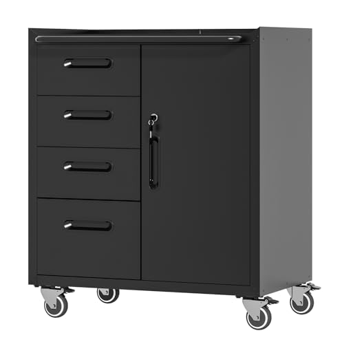 AVGVLIJ Metal Tool Storage Cabinet with Wheels, Lockable Garage Storage Cabinet, Rolling Tool Chest with 4 Drawers and Cabinet for Garage, Office, Home (Black)