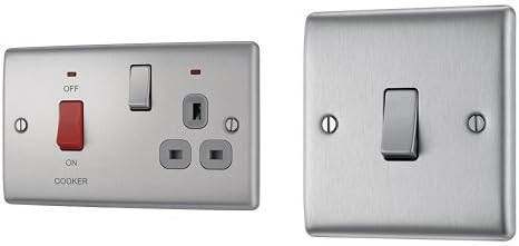 BG Electrical NBS70G 45 A Metal Brushed Steel Double Pole Switch with 13 A Socket and Neon, Grey Insert + NBS12 10 A 1-Gang 2-Way Metal Brushed Steel Light Switch, Brushed Steel